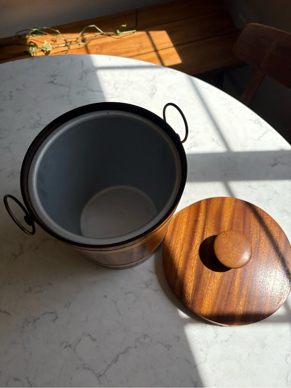 Vintage MCM Wood Grain Kitchen Storage Ice Bucket